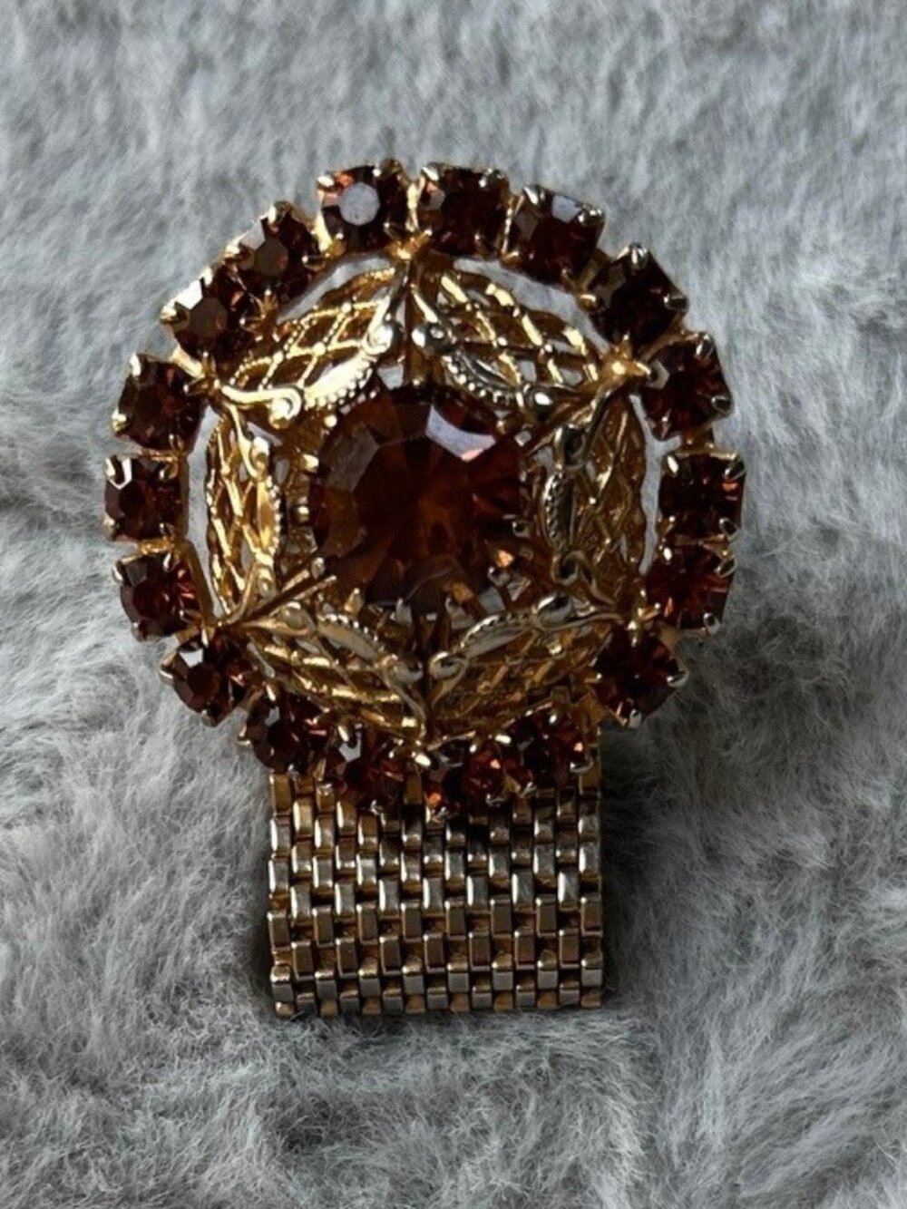 VINTAGE Amber Rhinstone & Gold Tone Filigree Single Cufflink